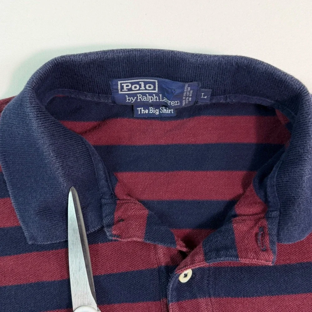 Polo Ralph Lauren The Big‎ Shirt Mens Large Striped Crest Pocket Polo Burgundy
